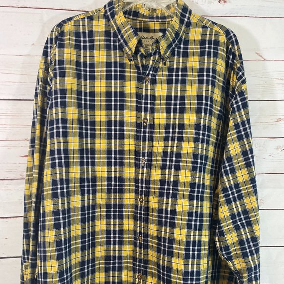 SOLD Eddie Bauer Black & Yellow Plaid Flannel Long Sleeve Shirt NWOT - Picture 8 of 14